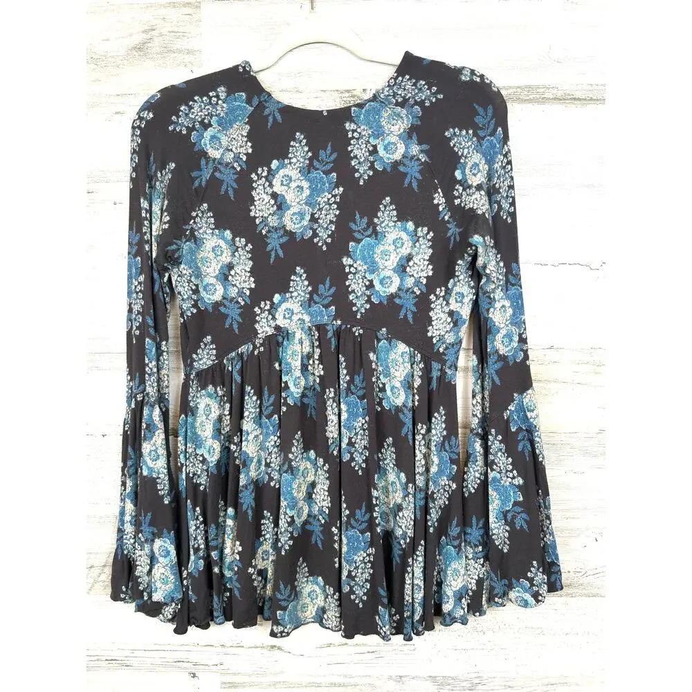 Free People Womens S Gray Blue Floral Speak Easy Bell Sleeve Boho Top Blouse
